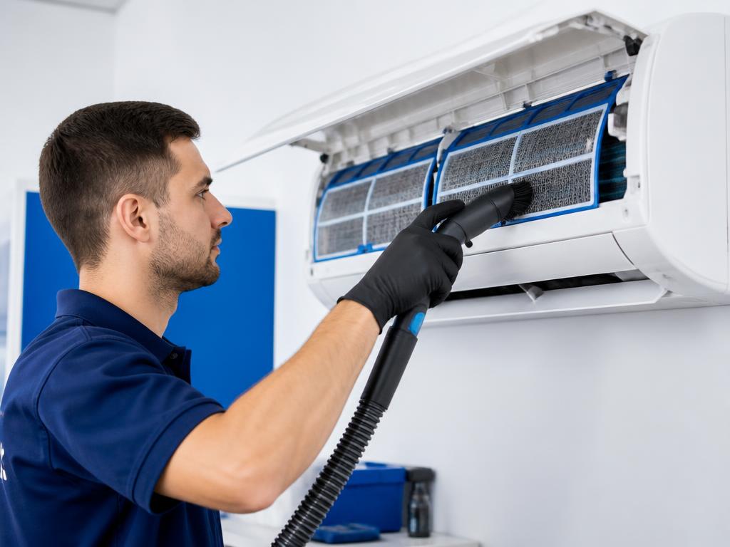 Técnico realizando higienização de filtros de ar-condicionado